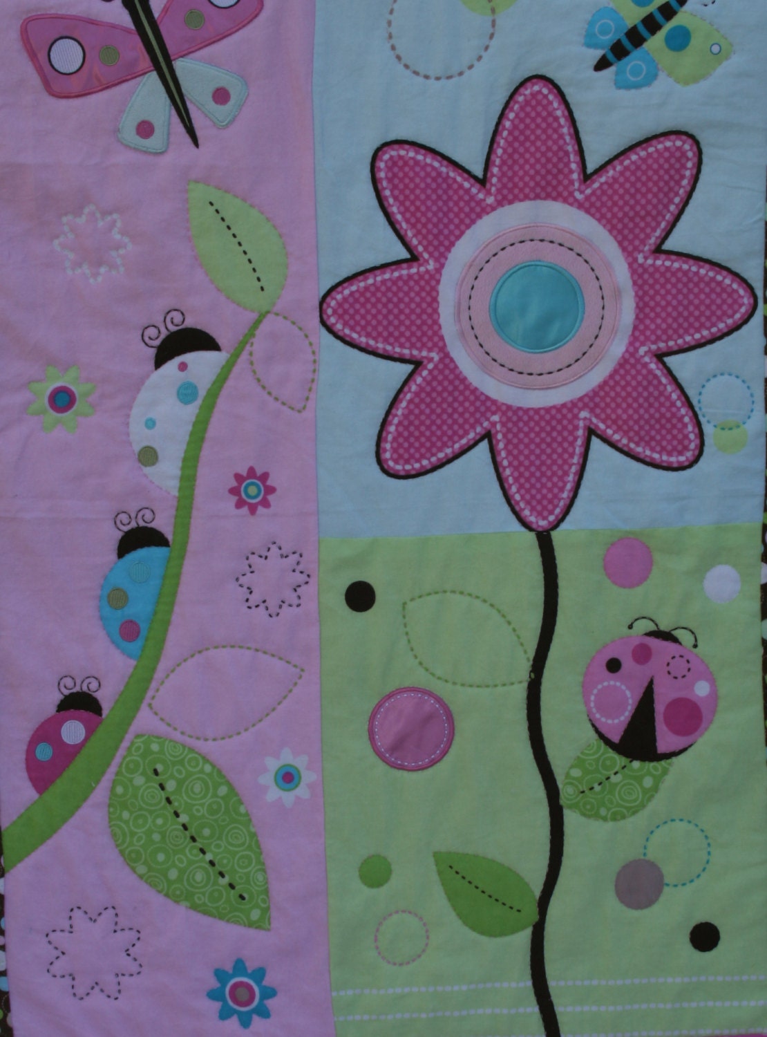 Get Ready for Spring Handmade Hand Quilted Baby Quilt Girls Throw Wall Hanging in Floral Butterfly Ladybugs and Vibrant Colors