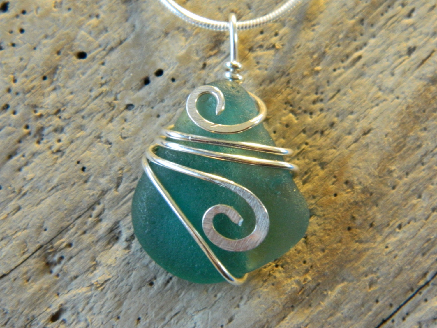 Teal and Sterling Sea Glass Pendant