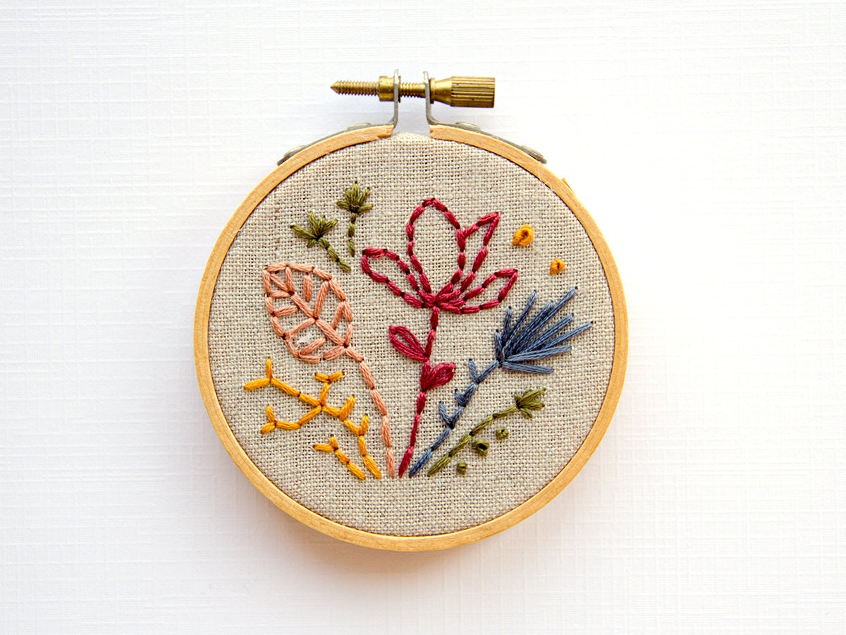 Flower Bouquet Embroidery - 3 Inch Hoop Art - Hand Embroidered Stitched Art - Home Decor - Earthy Natural - Tribal