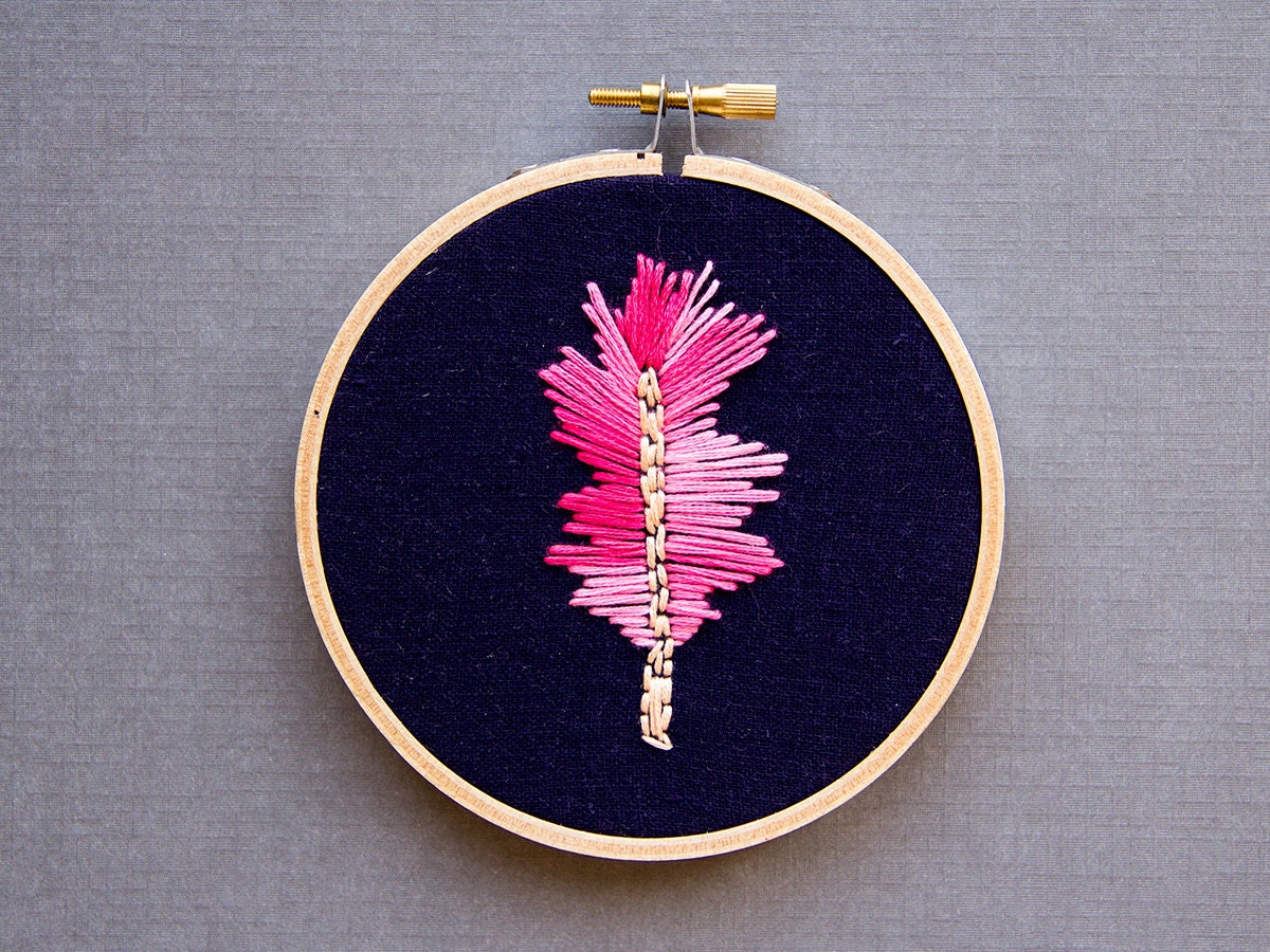 Neon Pink and Navy Ombre Feather Embroidery - 4 Inch Hoop Art - Hand Embroidered - Boho Wall Art - Nursery Decor - IslaysTerrace