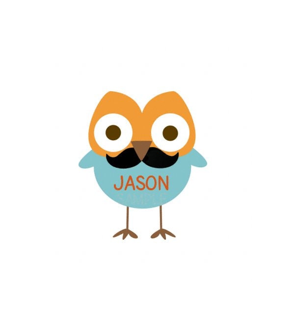 Personalized  Or Leave Plain  Ironon Mustache Owl A1