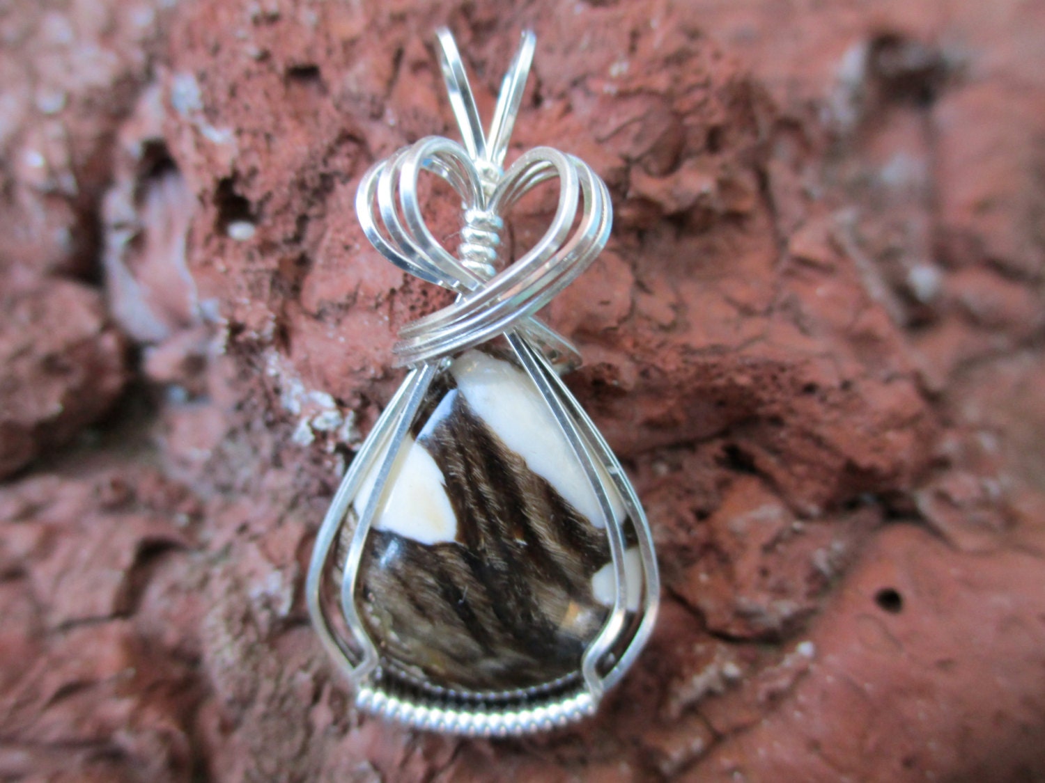 Small Petrified Peanut Wood Stone Sterling Wire Wrapped Pendant