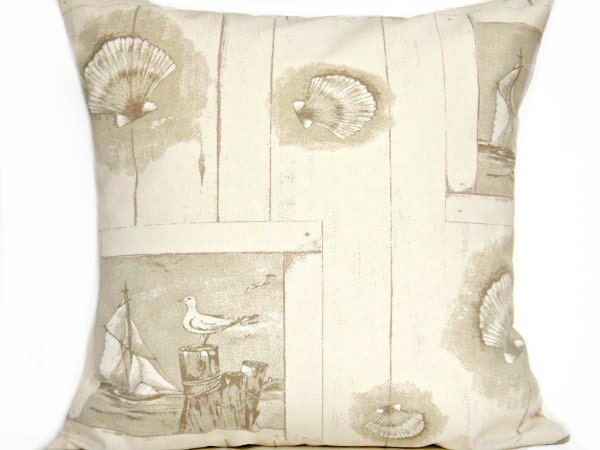 Beige Seashells Pillow Cover Sailboats Seagulls Rustic Decorative 18x18