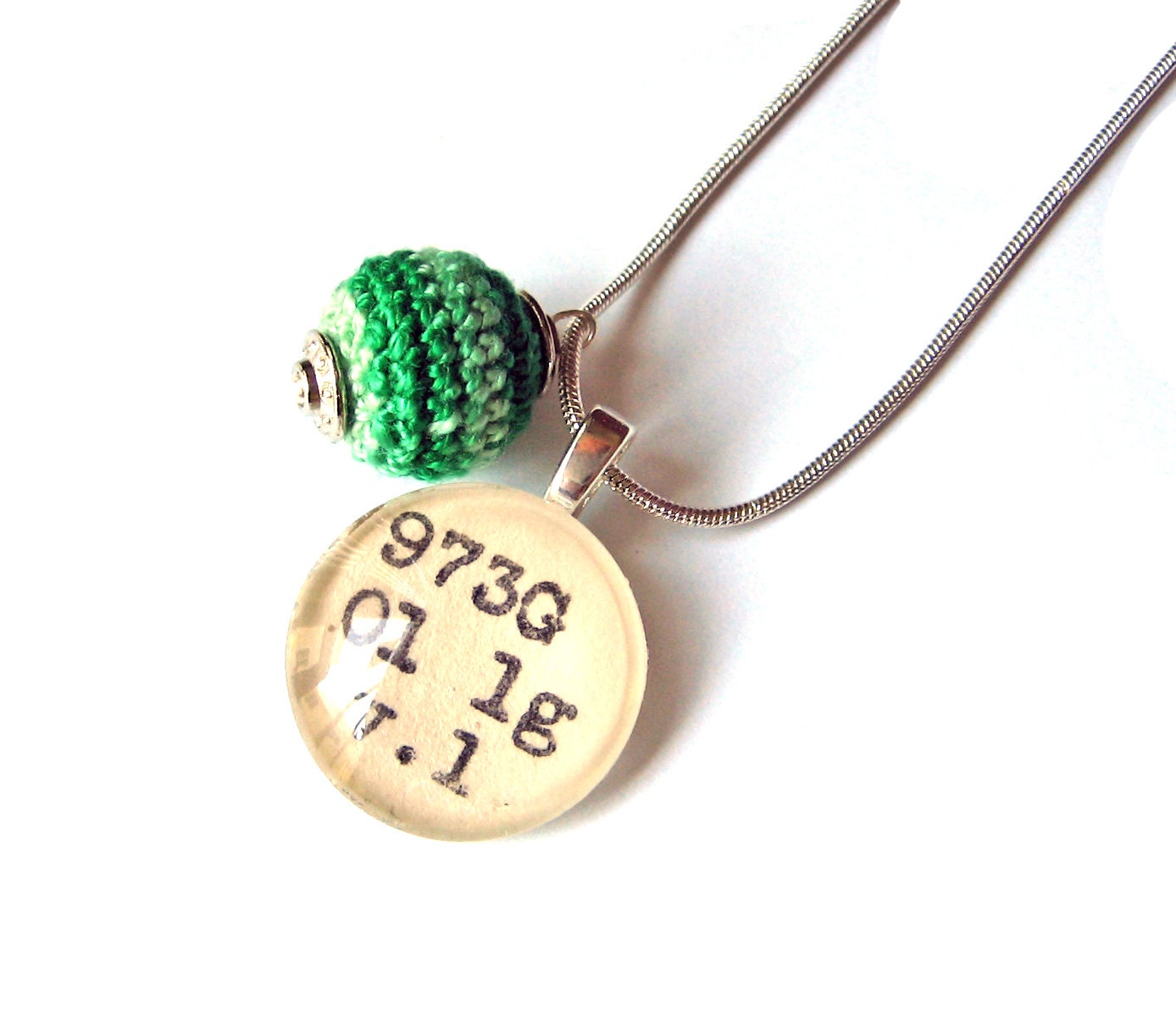 Emerald Green Grass Crochet Ball Drop Dewey Decimal Necklace Sterling Silver Chain One of a Kind