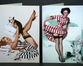 PinUp Girl Dog Lover Dog Art Card Pin Up Stripes Mini Blank Notecards set of 2