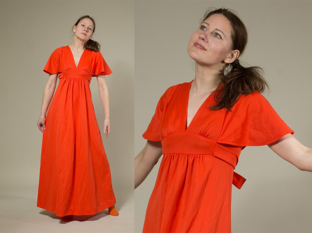 Orange Maxi Dress / Tangerine Flutter sleeve Empire waist Maxi dress boho dress / size small to medium
