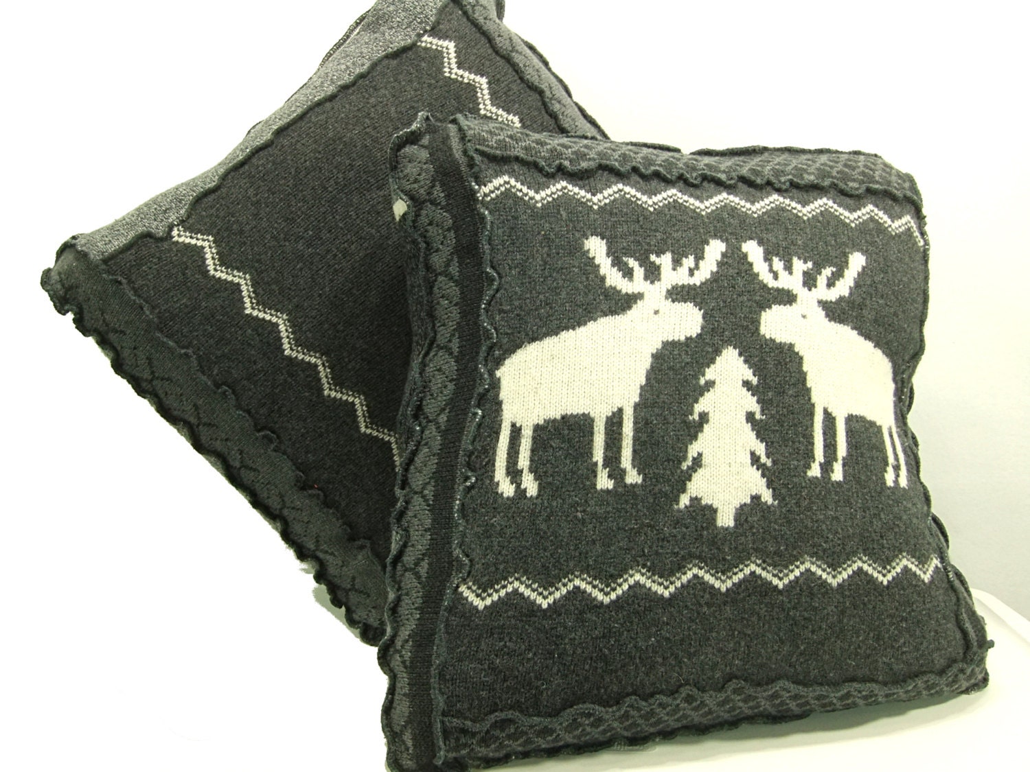 Pair pillow cover, gray 24 inch upcycled decorator pillow sofa cushion grey moose cabin rustic
