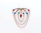 Sterling Vermeil Rhinestone Brooch  with Dangling Chains- 1940s