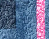 Denim Quilt - Blue Bird and Blossoms - Girl Quilt, Lap Quilt, Sofa Quilt, Baby Quilt