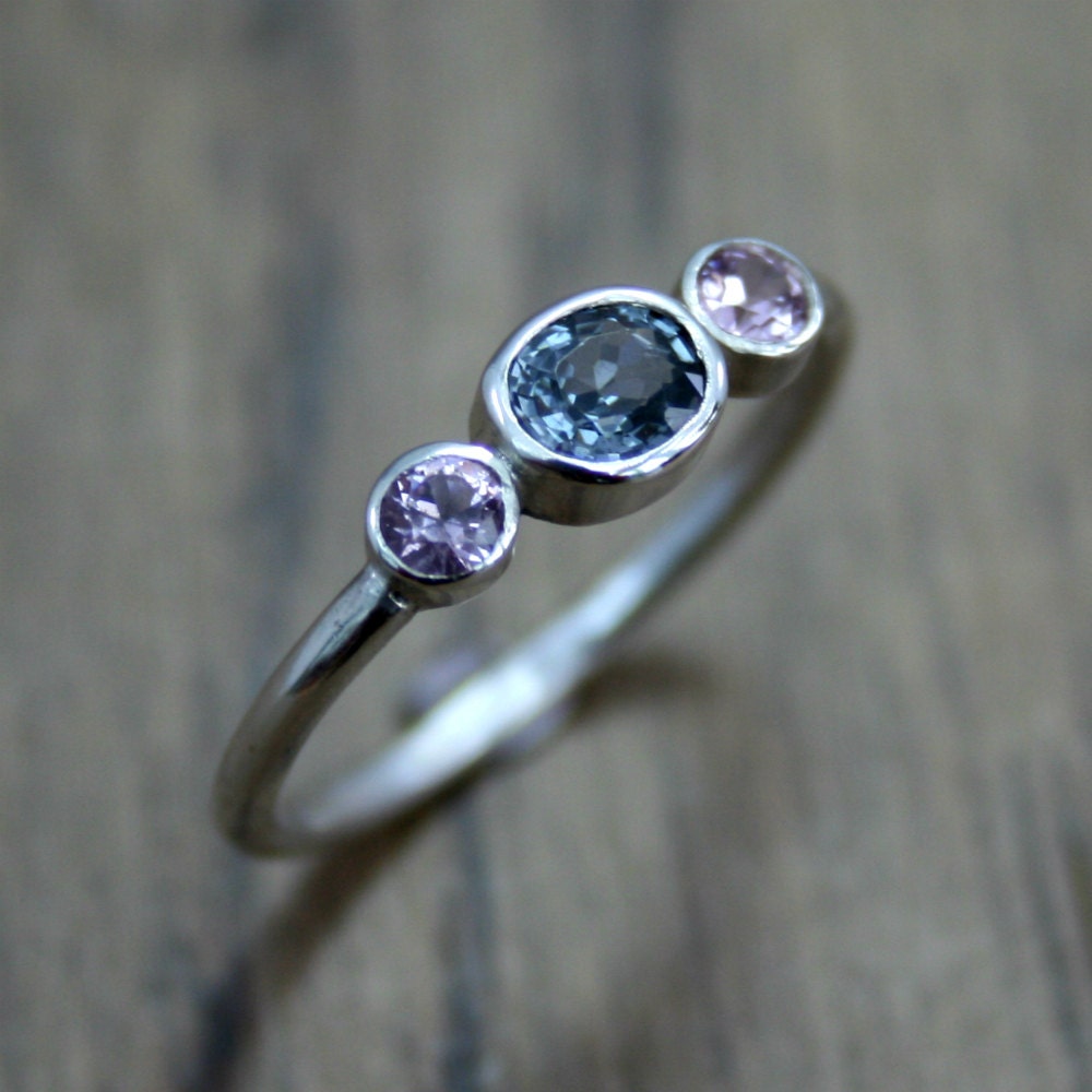 Three Stone Spinel Ring, Pale Blue-Cobalt Spinel, Pale Pink Spinel, OOAK, Skinny Ring, Alternative Engagement Ring, UK Size L, US Size 5 1/2
