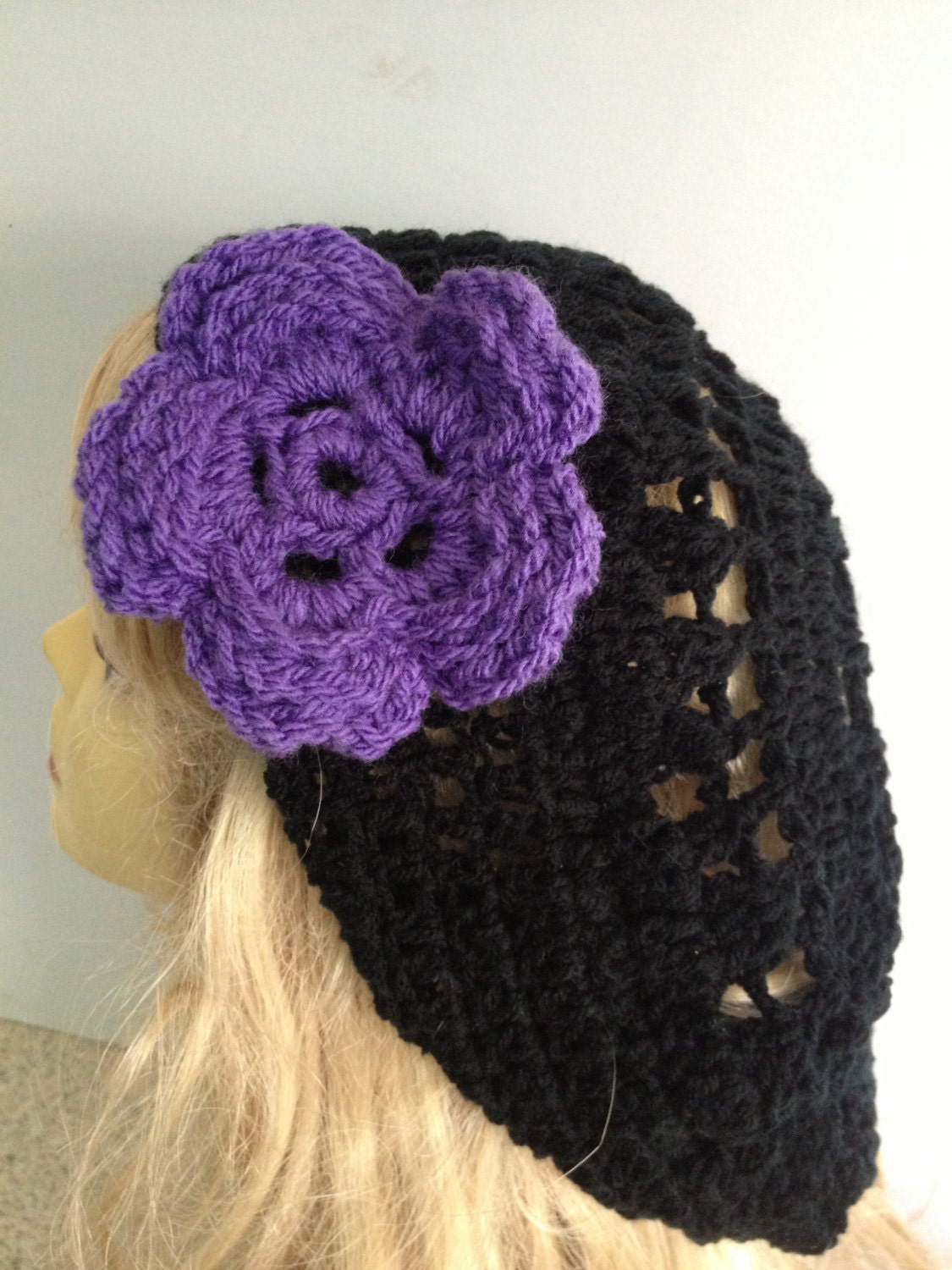 Womens/teens hand crocheted/knitted oversized slouch beanie beret hat,black,purple flower circle mandala.
