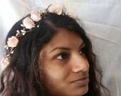 Woodland flower hair wreath (white pink rose) - Wedding headpiece, headband, vintage inspired rose crown, french ribbon pip berries