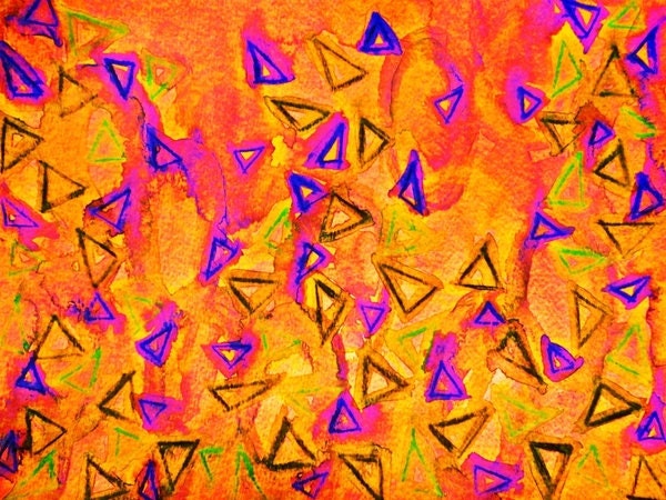 TECHNO VIBE 2 - Vibrant Fine Art Print, Fiery Abstract Watercolor Painting Triangles in Bold Red Orange Yellow Colors