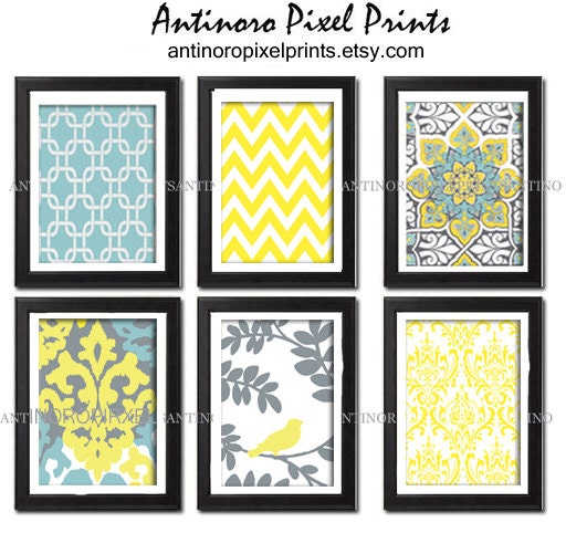 Digital Print Wall Art Yellow turquoise Grey Vintage / Modern inspired Wall Art -Set of 6 - 8x10 Prints -   (UNFRAMED)