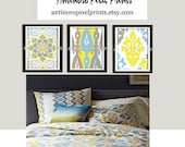 Winter Ikat Yellow Aqua Grey Prints Vintage Modern Art Print  - Set of (3) 11 x 14 Unframed Art Print, Custom Colors Sizes Available