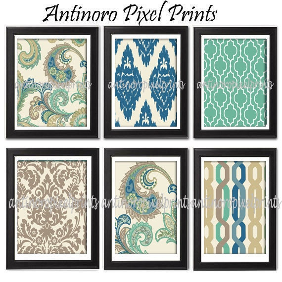 Paisley Digital illustration Wall Art - Set of 6 - 8x11 Prints - Featured in Teal Tan Green  (UNFRAMED)