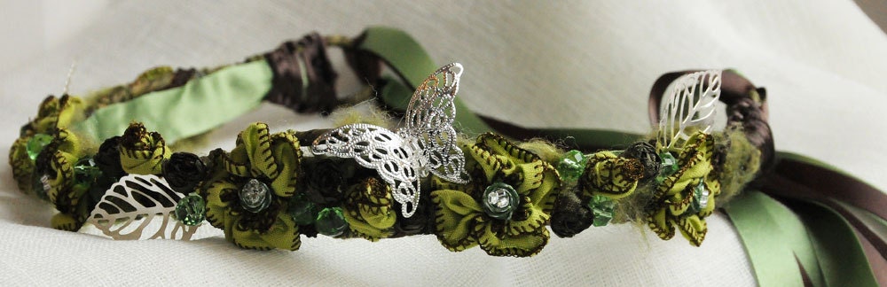 Wedding bridal crown wreath band coronet with handstitched green flowers and buds, Swarovski crystals and bright silver metal accents