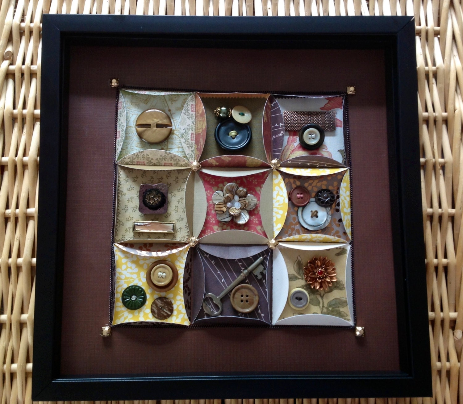 Neutral...earthy...old buttons...mixed media...many pattern...mixed media...original....Shadowbox