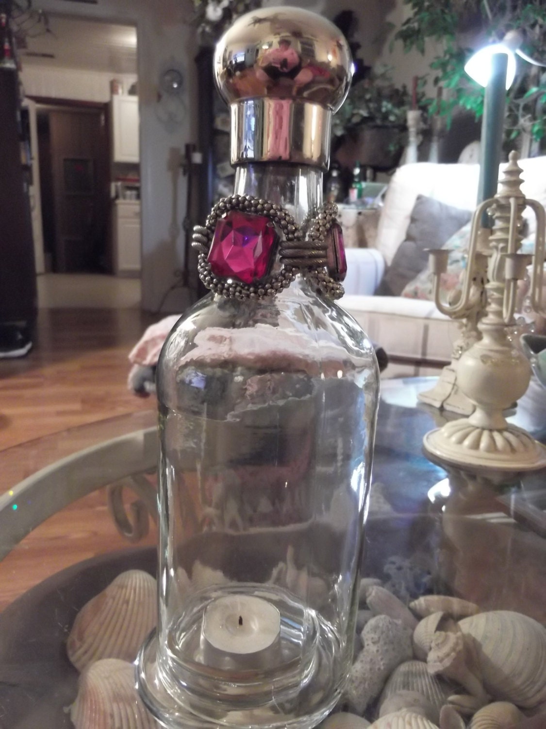steampunk  upcycled wine bottle candle holder, gypsy upcycled bracelet collar, great candle holder