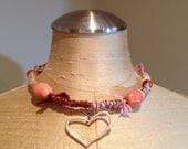 Just Peachy Copper Heart Choker - Sari Silk Ribbon - Rustic Necklace - Wire-Wrapped