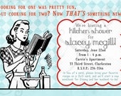 Printable Wedding Bridal Kitchen Shower Invitation - 5x7 - Retro Housewife Cook - Aqua Blue, White, Black, Red - Retro, Kitsch, 1950s