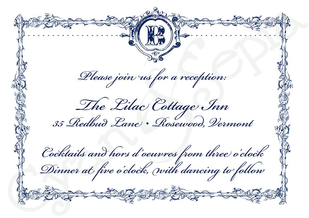 Printable Wedding Invitation Reception Card - 3.5x5 - Ornate Frame - Formal Elegant Vintage French - Navy Blue White, Brown Ivory, Red Gold