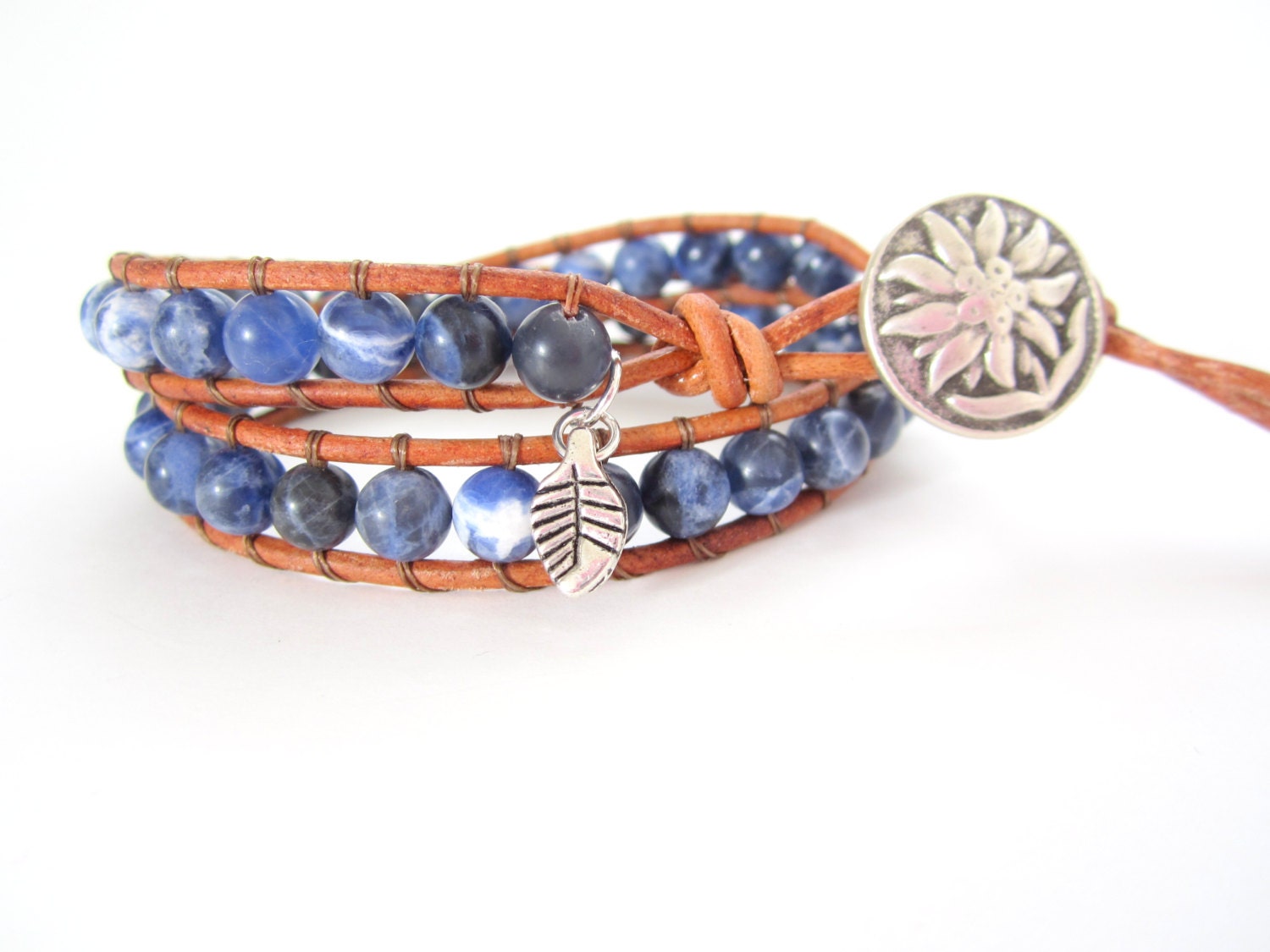 Rustic Cowgirl Jewelry Sodalite Gemstone Sunflower Silver Button Natural Color Leather Southwestern Beaded Leather Wrap 2x Handmade
