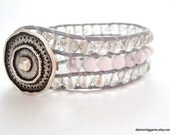 Howlite and Chessboard Crystal Beaded Leather Cuff Bracelet Chic Silver Button Gray Leather Beaded Bracelet Handmade Women's Leather Cuff