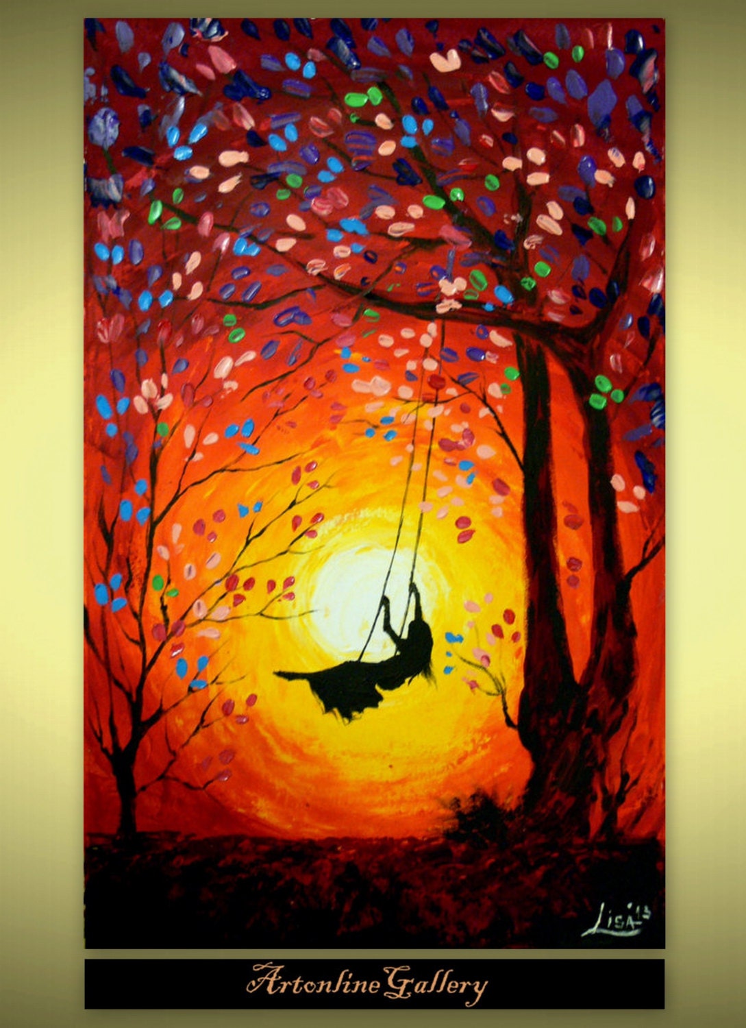 Original Abstract Painting - The Swing - Acrylic Contemporary Art Palette Knife - Yellow Orange Pink