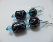 Hand Painted Blue and Black Flower Earrings - Glass Bead, Lampwork, Crystal, Dangle