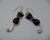 Retro Black Cat with Rhinestone Collar Dangle Earrings - Pin Up Girl, Rockabilly, Vintage, 1950's