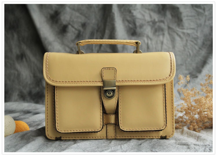 Leather Tote Bag - Briefcase - Shoulder Bag - Handbag - Satchel - Messenger Bag - Doctor Bag - IPAD Bag  - Lady Bag in Light Yellow