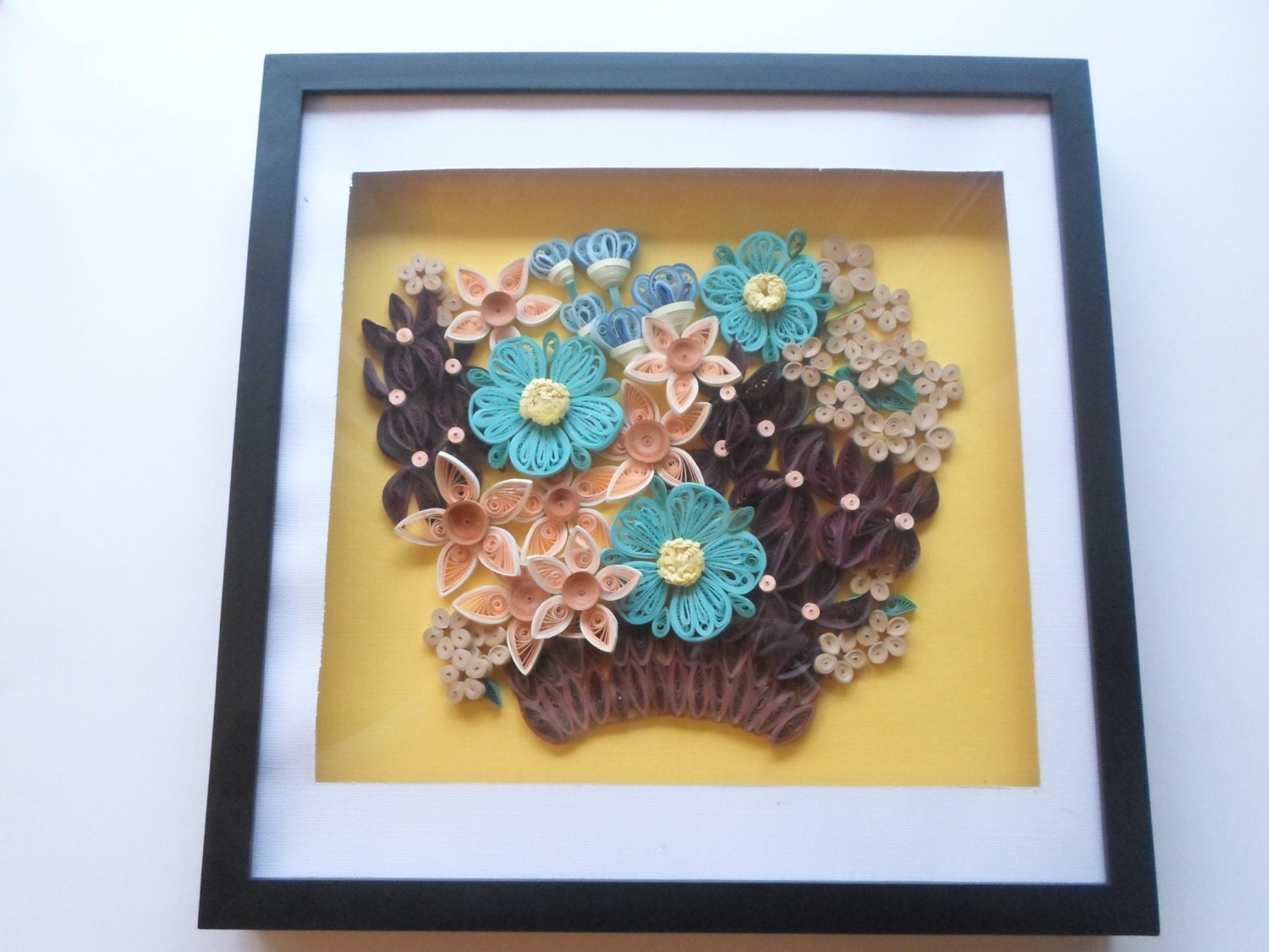 Framed quilling Paper flowers wall decor Blue red flowers wall hanging Paper filigree art