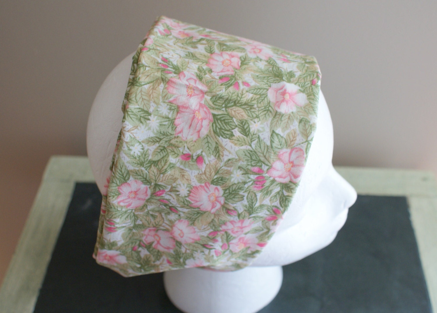 Pink Green Flower Headband, Wide Fashion HairBand, Pink Floral Bandana, Shabby Chic Scarf Headband, Cotton Elastic Headband, Hippie Hairband