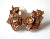 Civil War Era 10K Gold Earrings with Song Birds and Seed Pearls