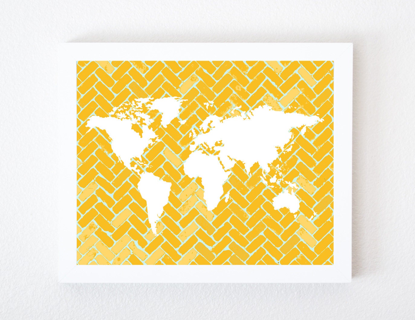 World Map on Chevron In Yellow & Light Blue 8x10