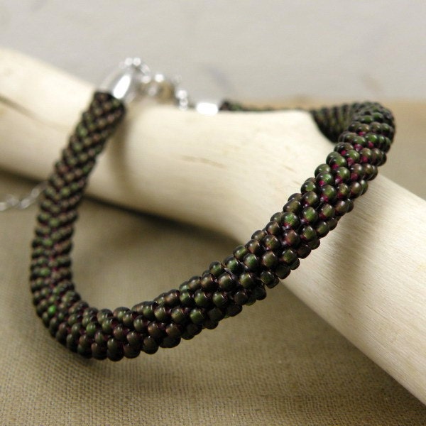 Beaded bracelet, beads crochet rope bracelet , beadwork jewelry , green purple bracelet