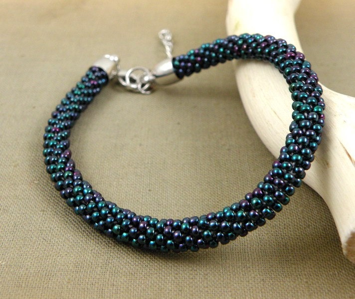 Beads crochet rope bracelet , beadwork jewelry , beaded bracelet , purple green bracelet