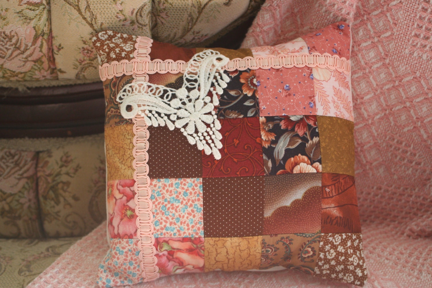 Patchwork pillow,cottage Victorian, ribbon trim and applique, earth tones