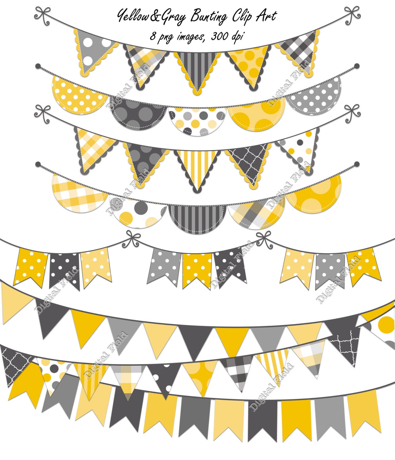 INSTANT DOWNLOAD Yellow and Gray Bunting Clip Art Set - printable digital clipart