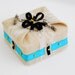 Burlap and Lace Ring Bearer Pillow with Teal Ribbon and Black Velvet Bow.