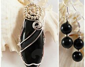 Semi Precious Black Onyx Agate Pendant, Wire Wrapped Handmade Jewelry, Earrings Sterling Wire