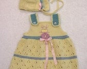 Beautiful Bunny & Bows Baby Jumper with Beatrix Potter Buttons and Matching Vintage Style Bonnet