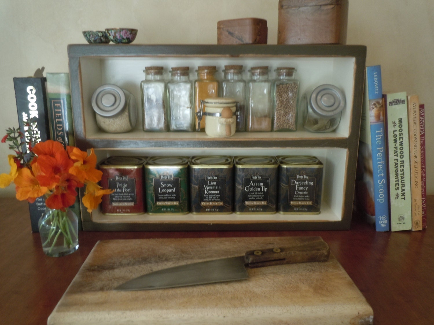 Spice Rack-Distressed Rustic Medium Free Standing Spice Rack Chocolate and White Wash