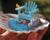 Desktop Miniature Beach Vacation (Aqua Chair) in a  Sea Shell with Bucket and Tropical Drink by Landscapes In  Miniature