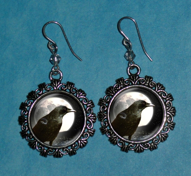 Raven Crow and Full Moon Round Silver Art Photo Earrings, Black and White Handcrafted Jewelry by YessiJewels
