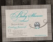 Baby Shower Invitation, Vintage Owl -  Grey, Teal, Blue - Girl Boy Twins Gender Neutral (Digital DIY Printable) 5x7 or 4x6