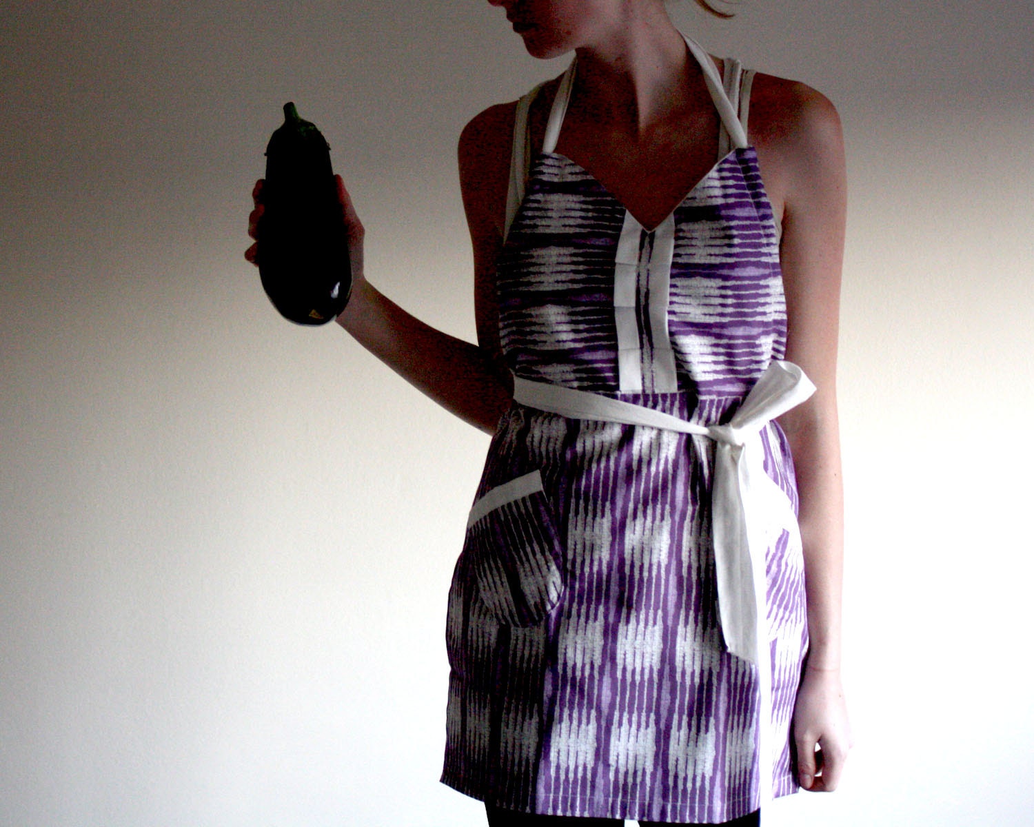 Purple Stripe Apron - eggplant white tribal stripe plaid pattern retro adjustable cotton hostess apron with ruffles, pockets