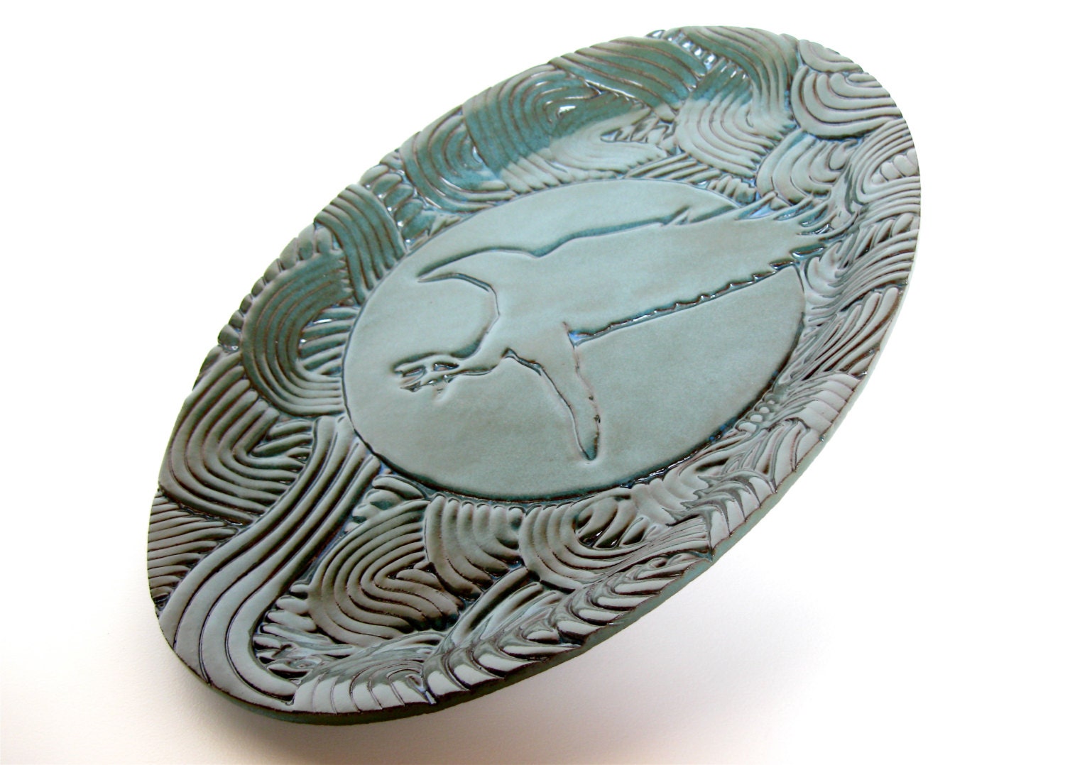 Bird Under a Darkened Moon Platter, ceramic pottery stoneware serving plate, housewares table settings tableware weddings gift dining teal