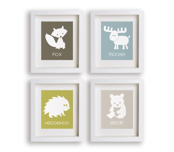Great Outdoors - Set of 5x7 Woodland Animal Prints - Nursery Decor, Educational, Nursery Art, Children's Art, Fox, Moose, Hedgehog, Bear